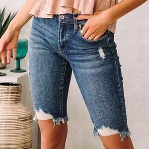 Women's Distressed Darker Denim Bermuda Shorts by KanCan